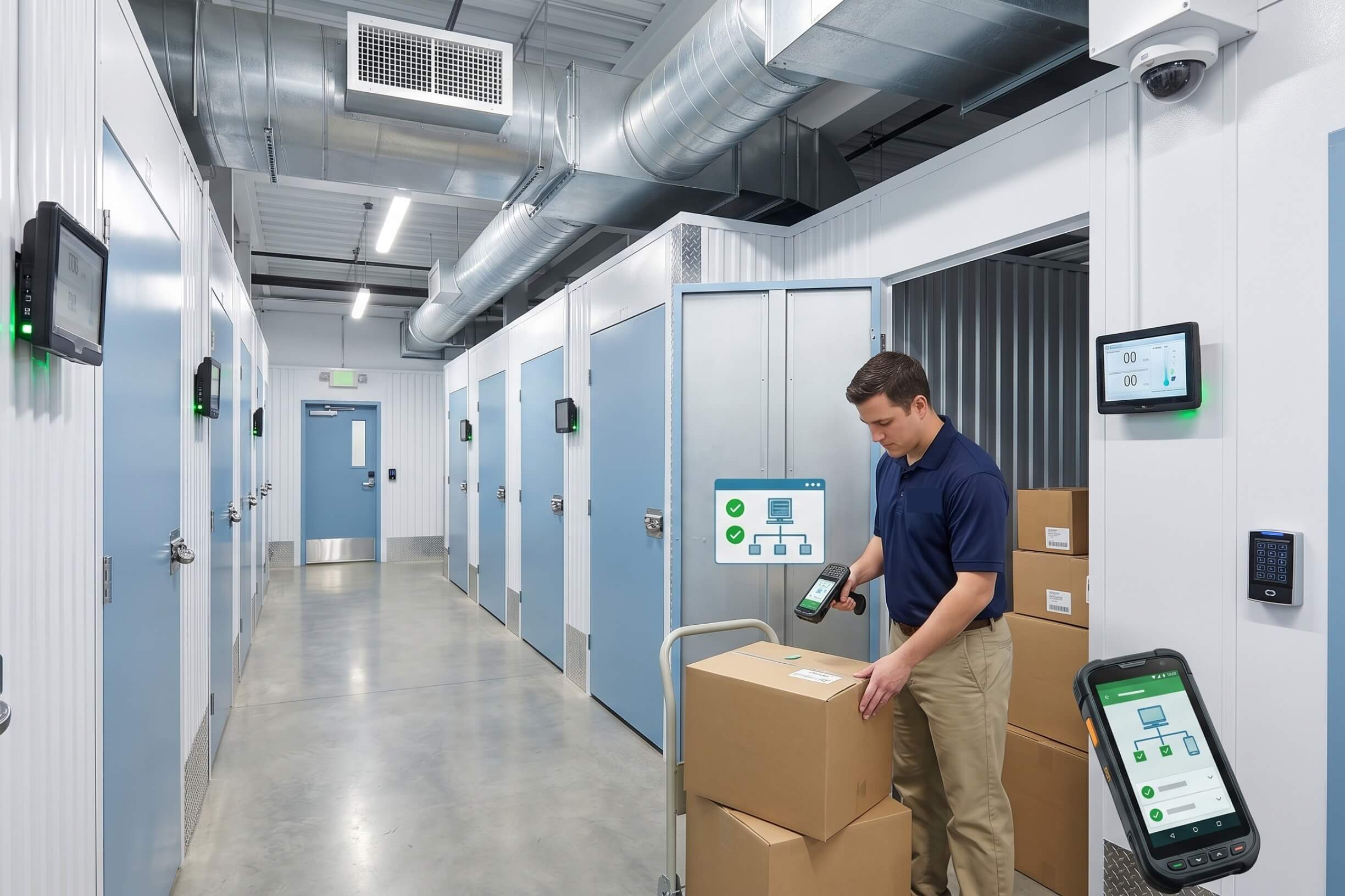 Climate-controlled storage vault corridor with IICRC technician scanning inventoried items at ContentsPros Denver