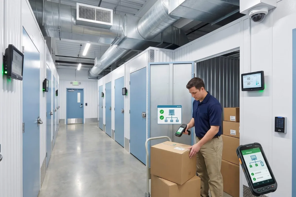 Climate-controlled storage vault corridor with IICRC technician scanning inventoried items at ContentsPros Denver